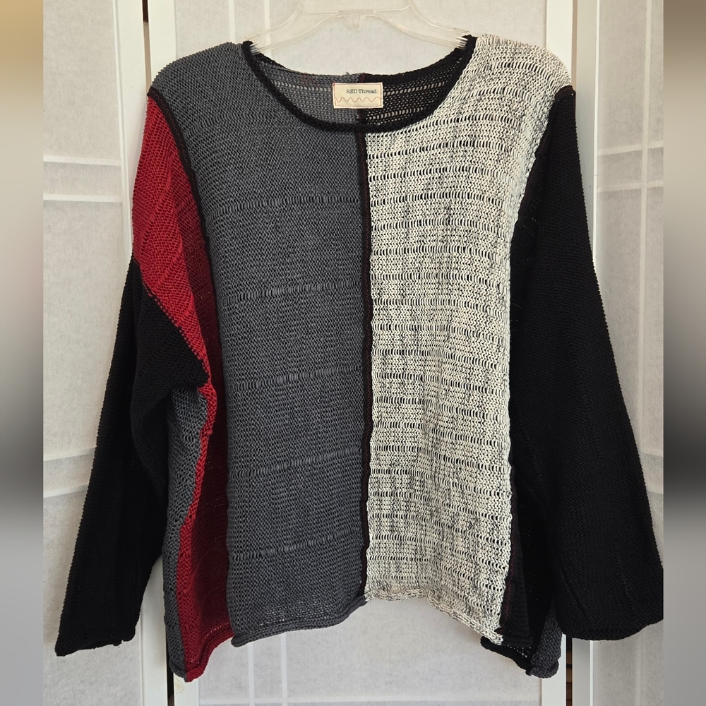 Artisan Patchwork Oversized Sweater - Black, Gray, Red, and White